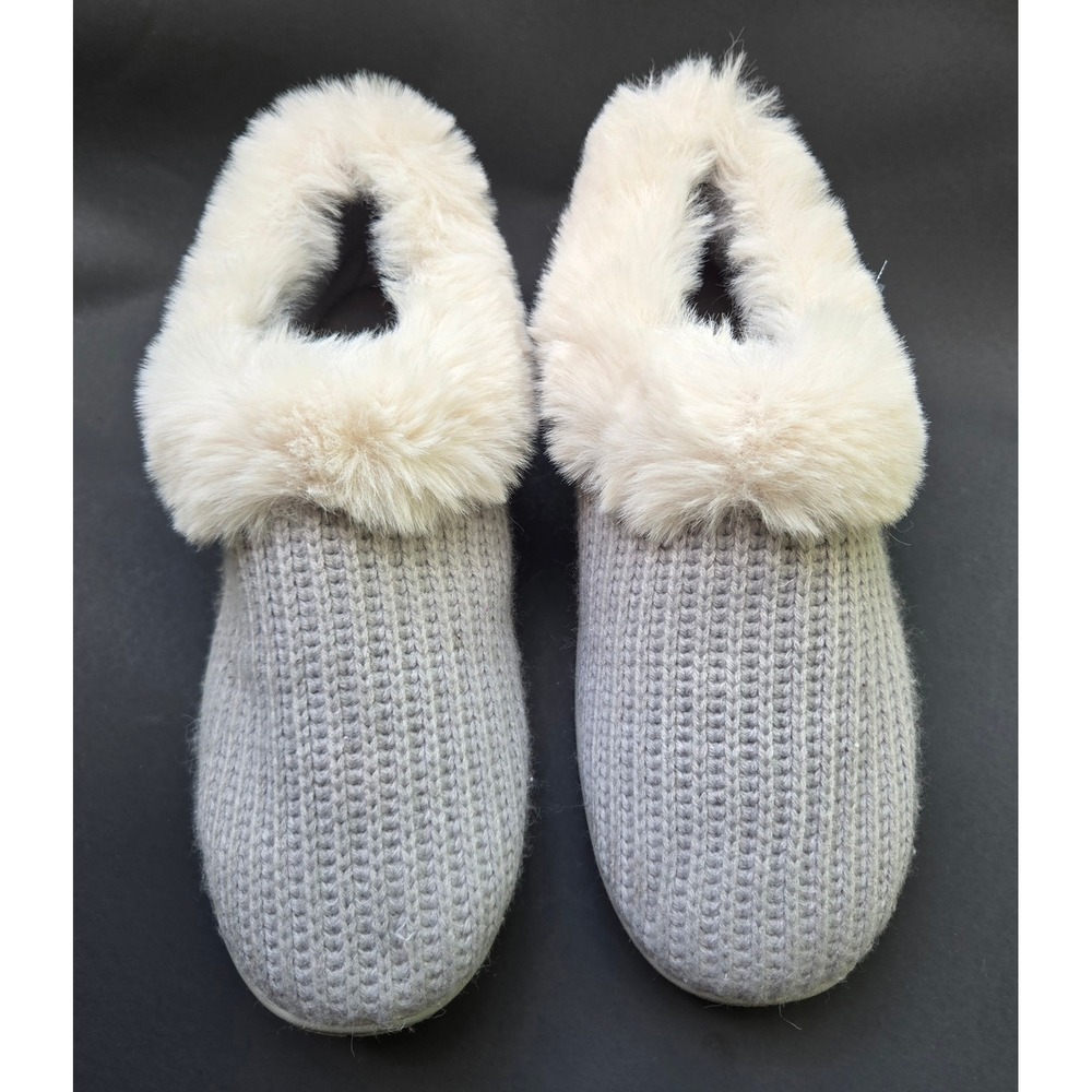 Lands End Womens Gray Knit Faux Fur Trim Slippers Size 11B